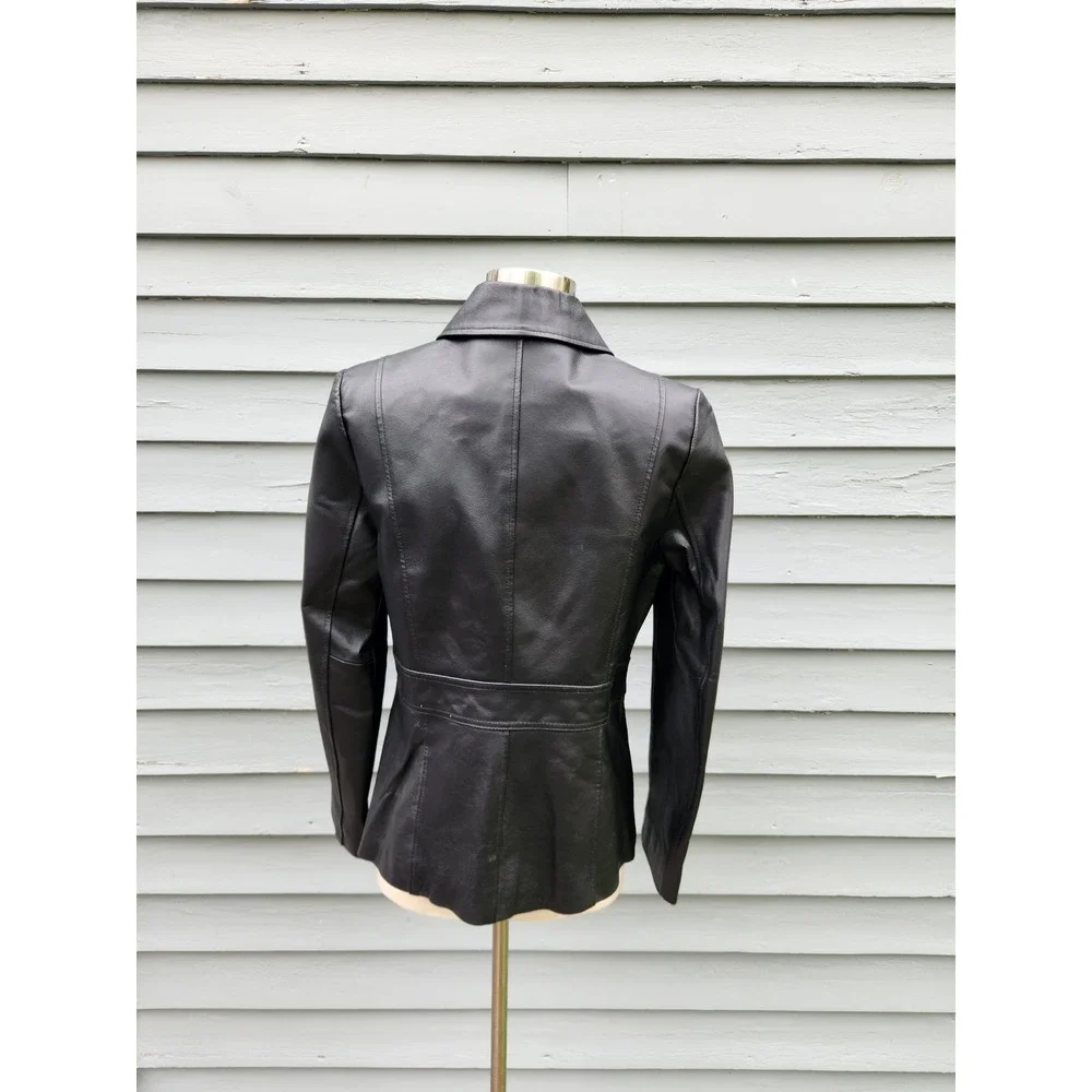 Vintage 90s y2k Leather Jacket Black Button Front Car Coat Burgundy Lining Small